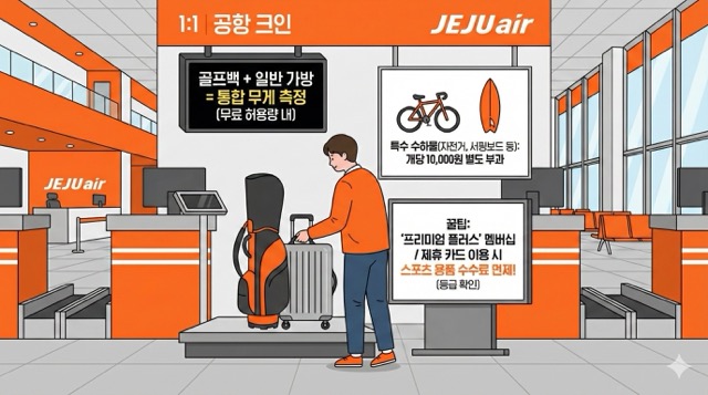 제주항공 골프 여행객이 무게를 측정하고 있다.