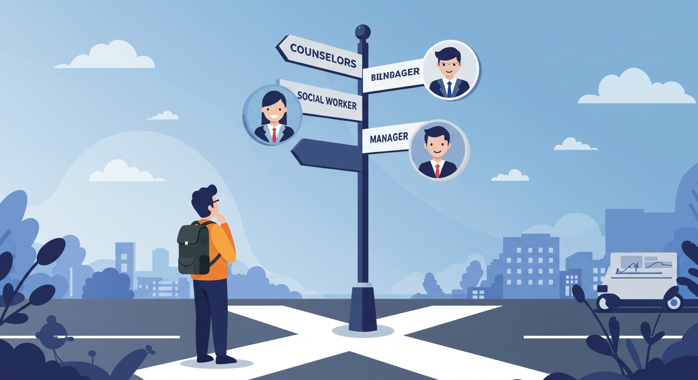 한 사람이 직업상담사, 사회복지사, 주택관리사를 상징하는 표지판이 있는 갈림길에 서서 자신의 진로를 고민하고 있는 모습