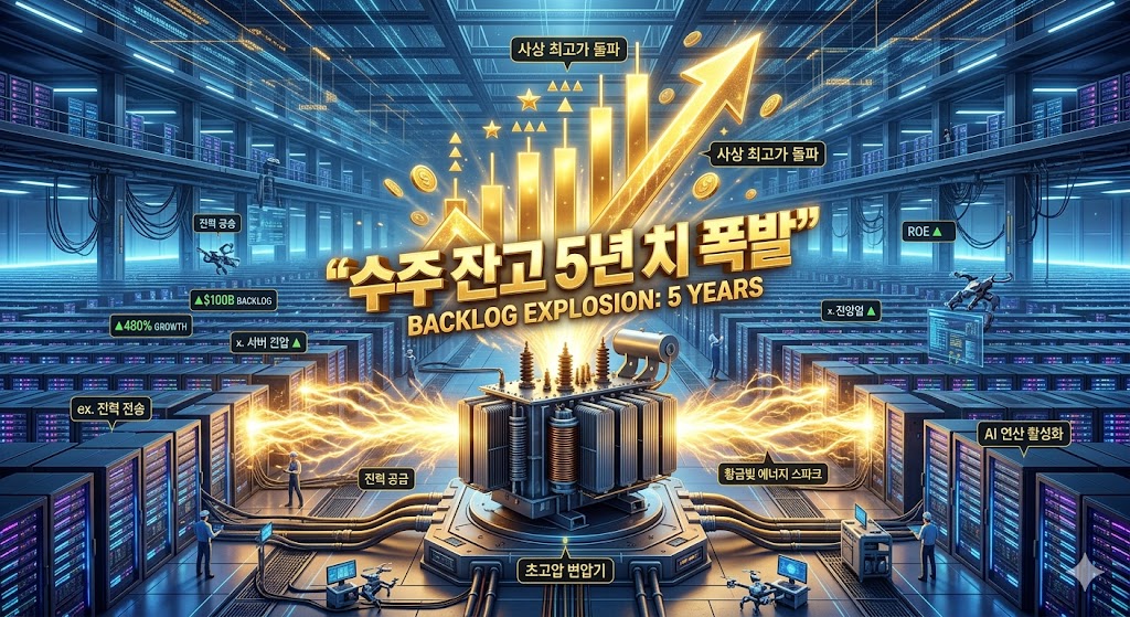 끝없이 펼쳐진 미래형 슈퍼 컴퓨터 서버 룸 중앙에서 거대한 초고압 변압기가 황금빛 에너지 스파크를 뿜어내며 전력을 공급하고, 그 위로 사상 최고가 돌파를 상징하는 거대한 양봉 차트와 "수주 잔고 5년 치 폭발"이라는 문구가 입체적으로 떠오르는 하이엔드 3D 그래픽 이미지.