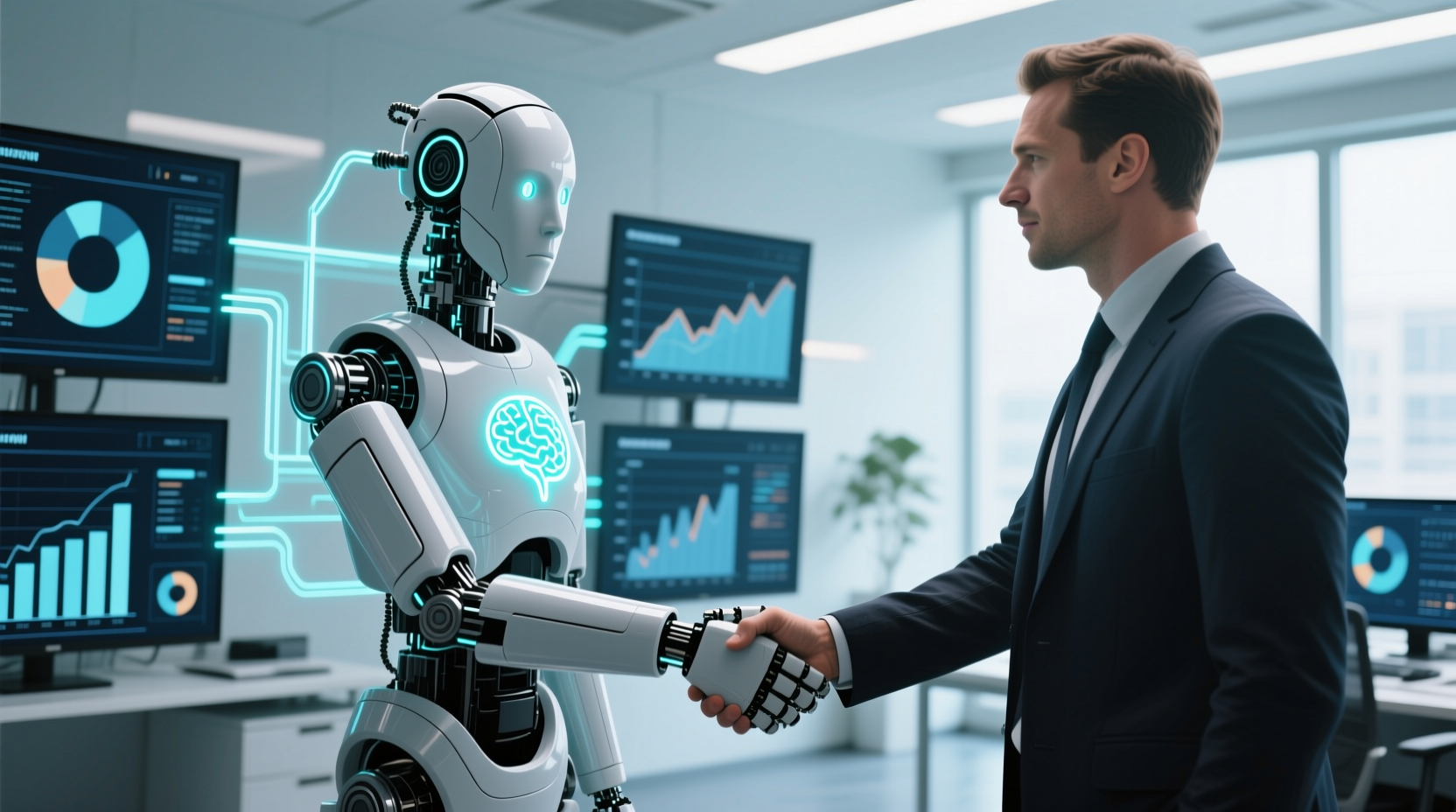 악수하는 로봇 팔과 사람, AI 에이전트의 자율적 업무 수행 개념도