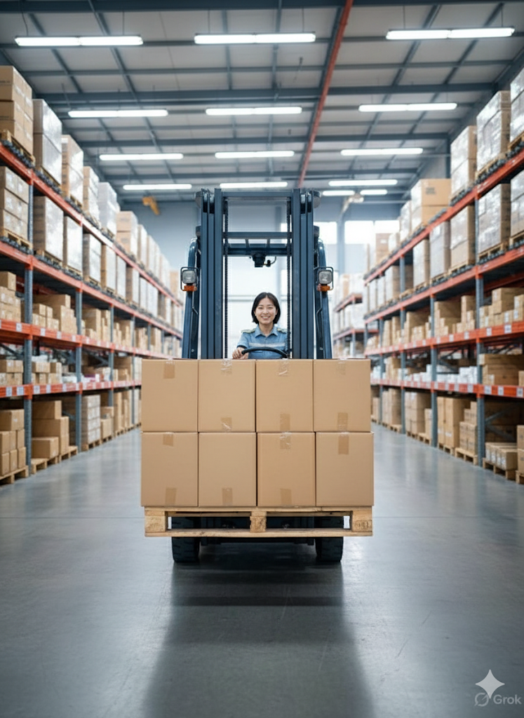 지게차 운전하는 젊은 여성