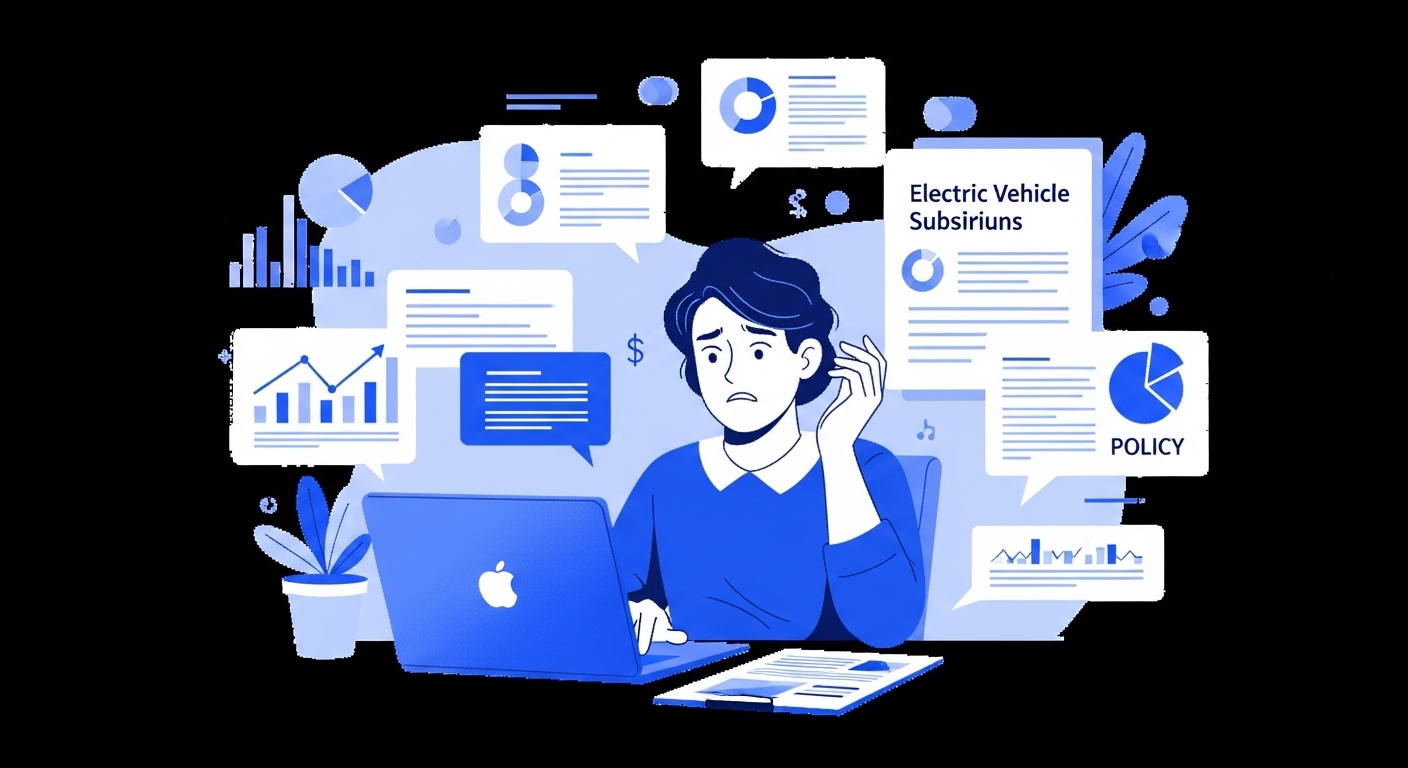 복잡한 전기차 보조금 정책 서류 앞에서 고민하는 사람의 모습