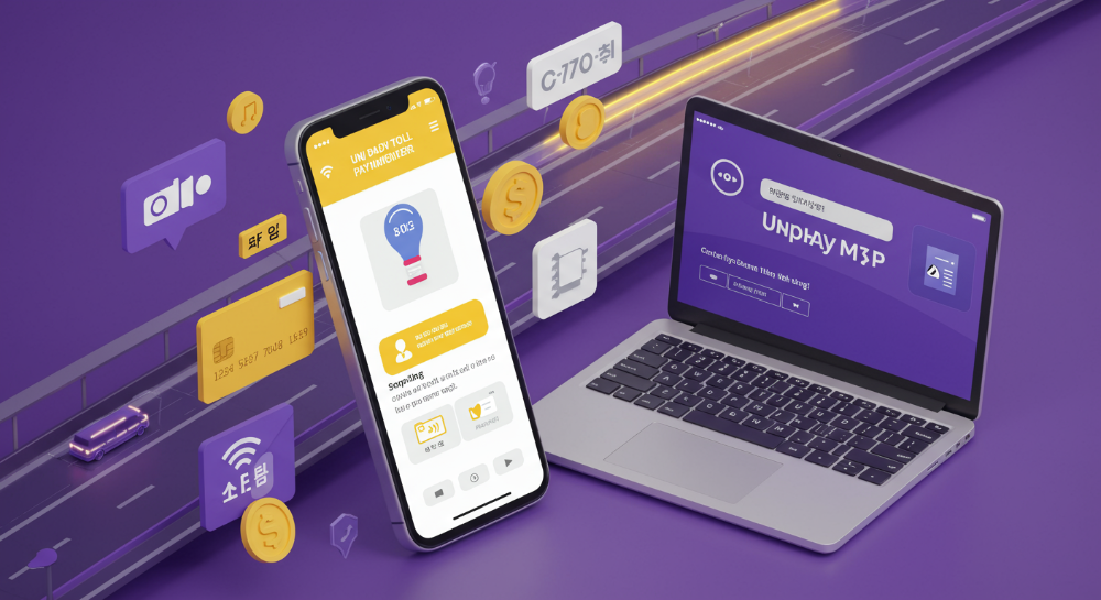 2025년 고속도로 미납요금 조회 및 납부 시스템을 보여주는 스마트폰과 노트북 화면 이미지. 하이패스, 민자고속도로 통합 조회, 모바일 앱 기능을 시각적으로 나타내며, 다양한 결제 수단이 함께 제시되어 있다.