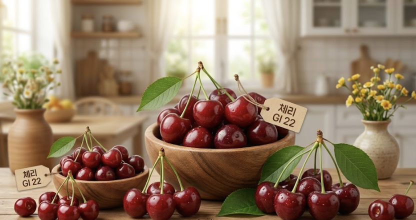 많은 그릇 들에 체리가 많이 있는 이미지 하나는 GI 지수 22라고 보임