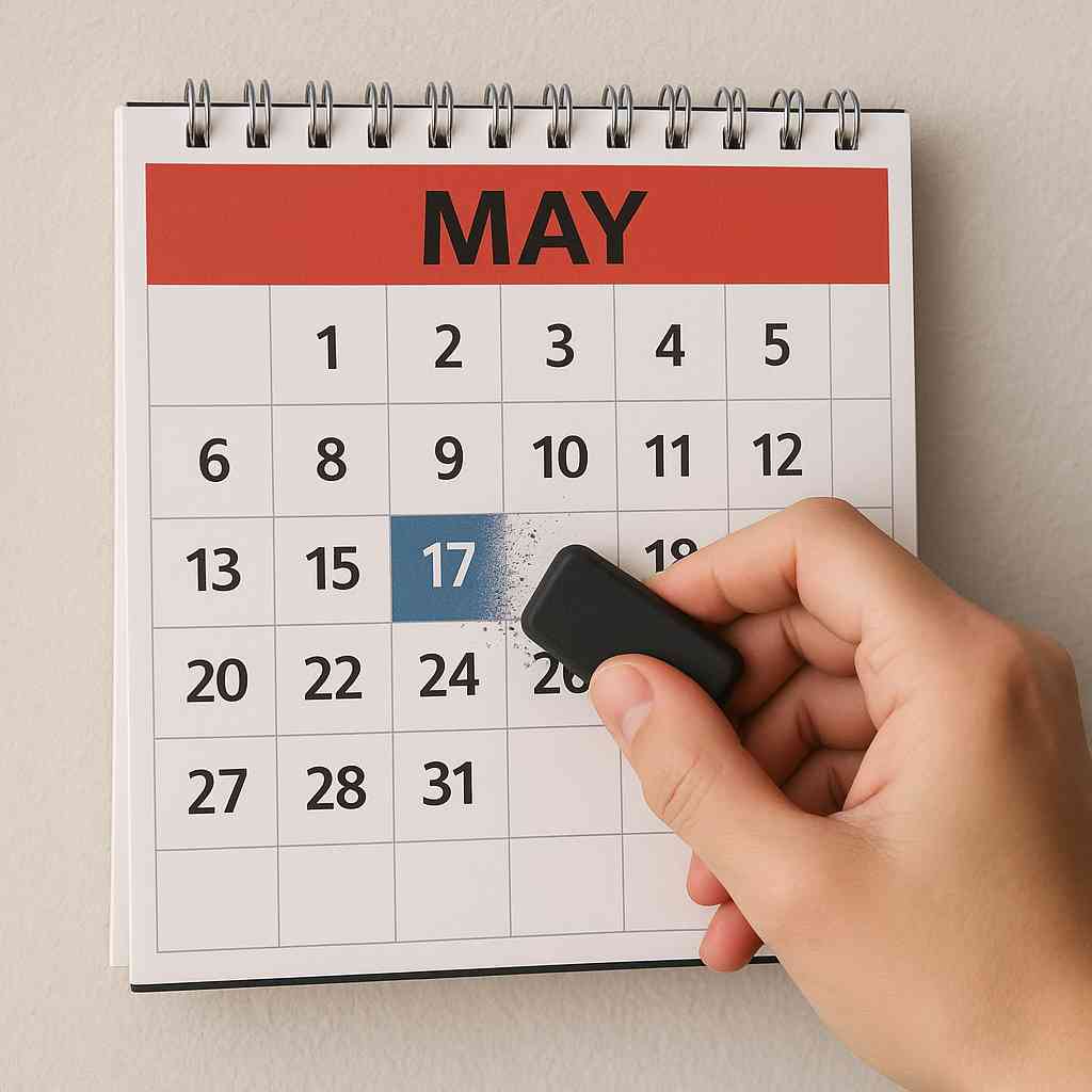 5월 달력에서 손이 지우개로 17일을 지우는 실제 사진으로, 사용하지 않은 연차가 소멸되는 상황을 상징함