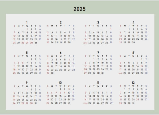 2025 달력 6가지 색상 무료 다운로드1