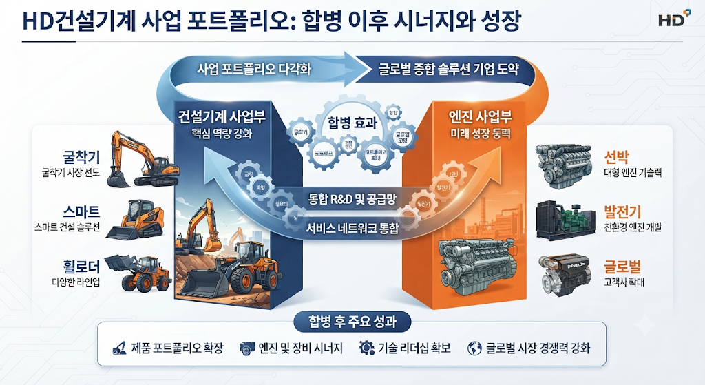 HD건설기계 합병 이후 건설기계와 엔진 사업 포트폴리오