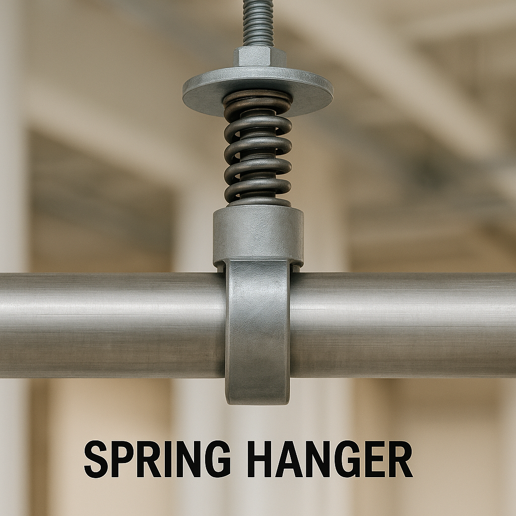 Realistic close-up of a spring hanger pipe support holding stainless steel piping in an industrial plant