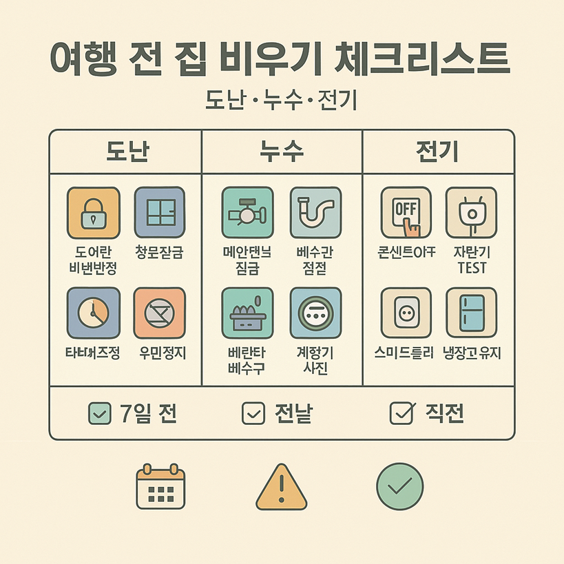 여행 전 집 비우기 체크리스트: 도난&middot;누수&middot;전기 완벽 대비