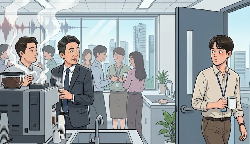 도시 전경이 보이는 사무실 탕비실에서 커피를 마시며 대화하는 동료들을 바라보며 놀란 표정으로 문을 열고 들어오는 젊은 직원의 모습