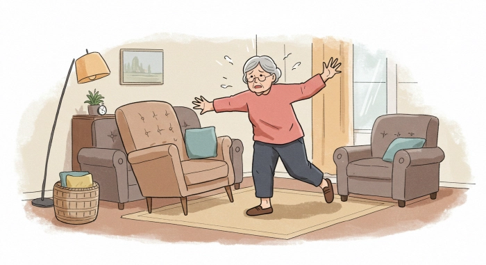 의자에서 일어나면서 넘어지려고 하는 여성의 모습