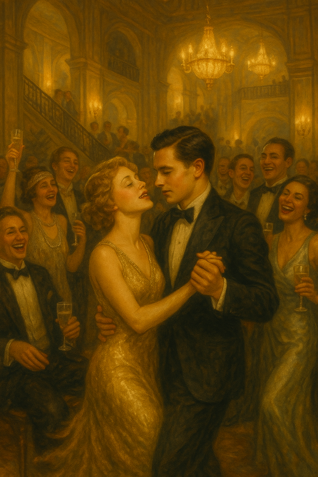 고전 할리우드 대저택에서 열리는 호화 파티, 금빛 조명 아래 춤추는 남녀 이미지