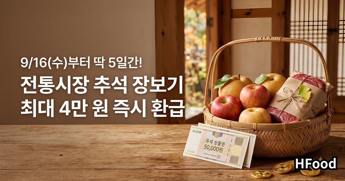 풍성한 과일과 소고기가 담긴 추석 바구니 옆에 환급 상품권과 금화가 놓여 명절 장보기 지원 혜택을 나타내는 모습