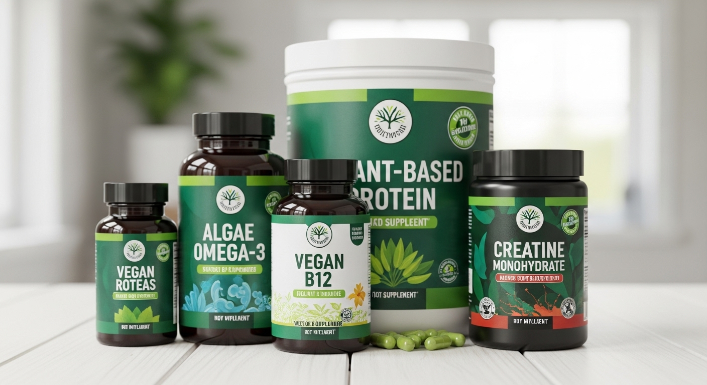 비타민 B12, 비건 단백질 파우더, 오메가-3, 크레아틴 등 다양한 비건 보충제들이 깔끔하게 진열되어 있습니다.