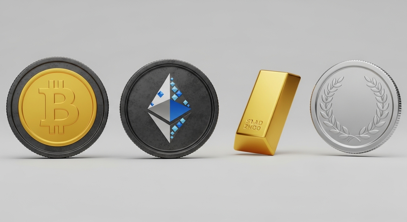 비트코인, 이더리움, 금, 은을 상징하는 4개의 아이콘