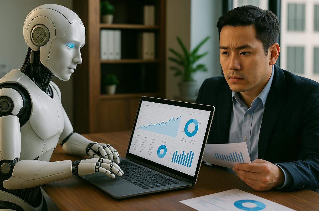 AI 로보어드 바이저가 투자 데이터를 분석하며 투자자에게 자산 배분 전략을 제시하는 모습