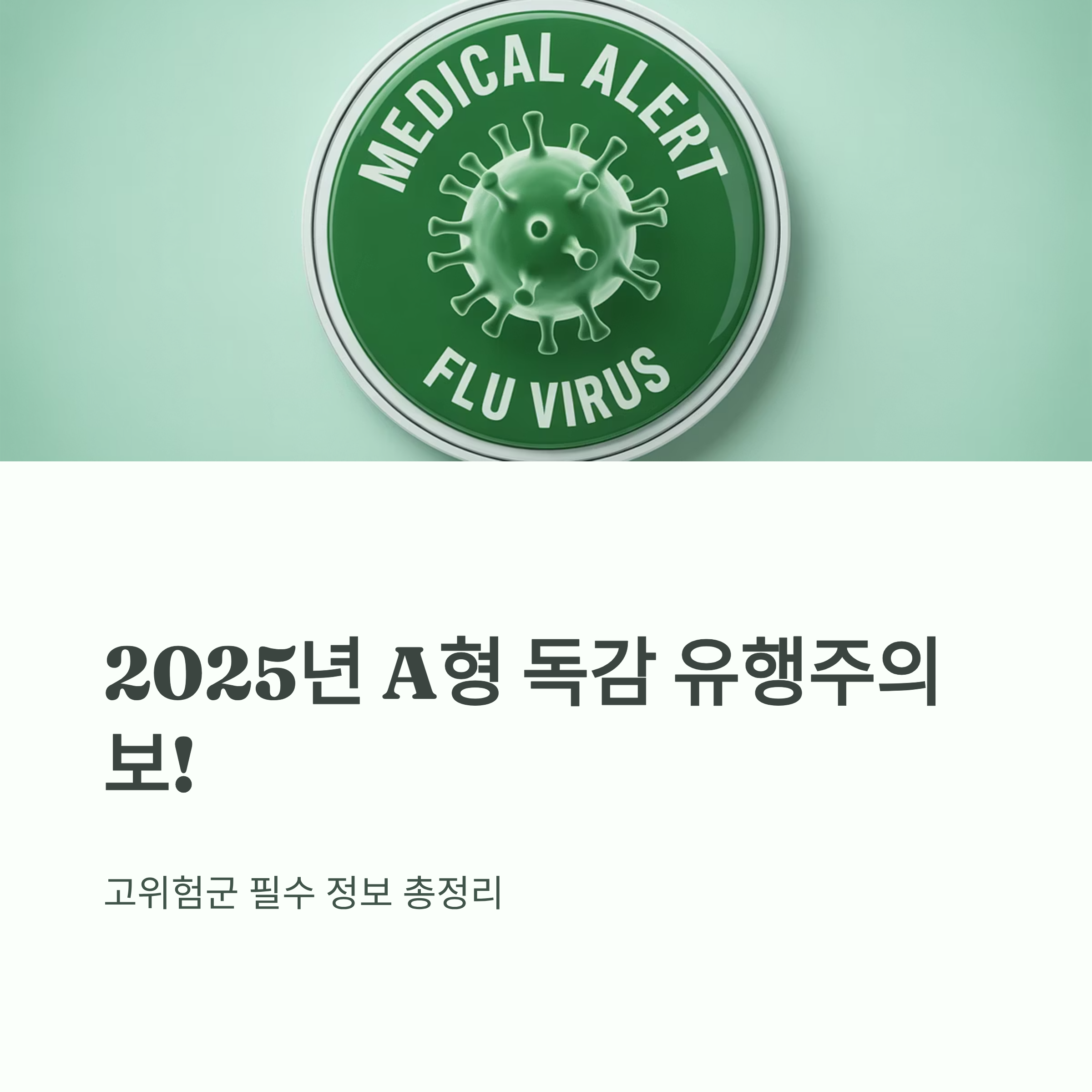 2025년 A형 독감 유행 주의 안내 이미지로, 초록색 배경의 &lsquo;MEDICAL ALERT FLU VIRUS&rsquo; 마크와 함께 독감 주의 문구가 강조된 인포그래픽