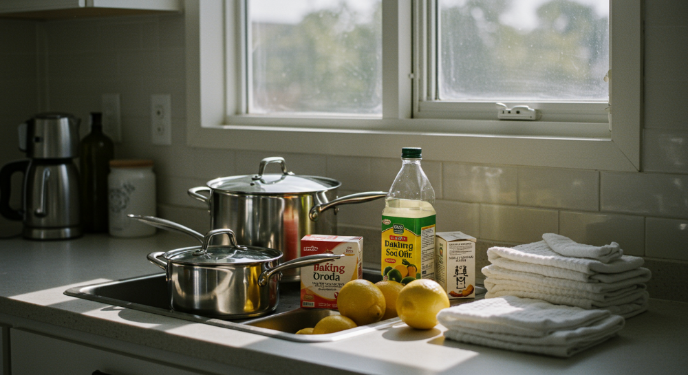 새 스테인리스 주방용품의 연마제를 안전하게 제거하기 위해 식용유, 베이킹소다, 식초 등의 재료를 준비하고 깨끗하게 관리하는 모습을 담은 이미지