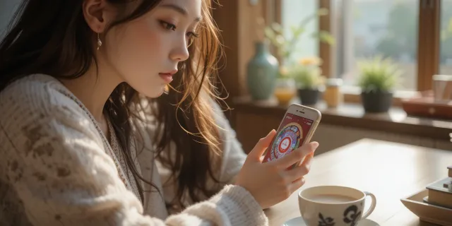 아침 햇살이 비치는 책상에서 휴대폰 앱으로 올해의 용띠 운세를 확인하는 모습