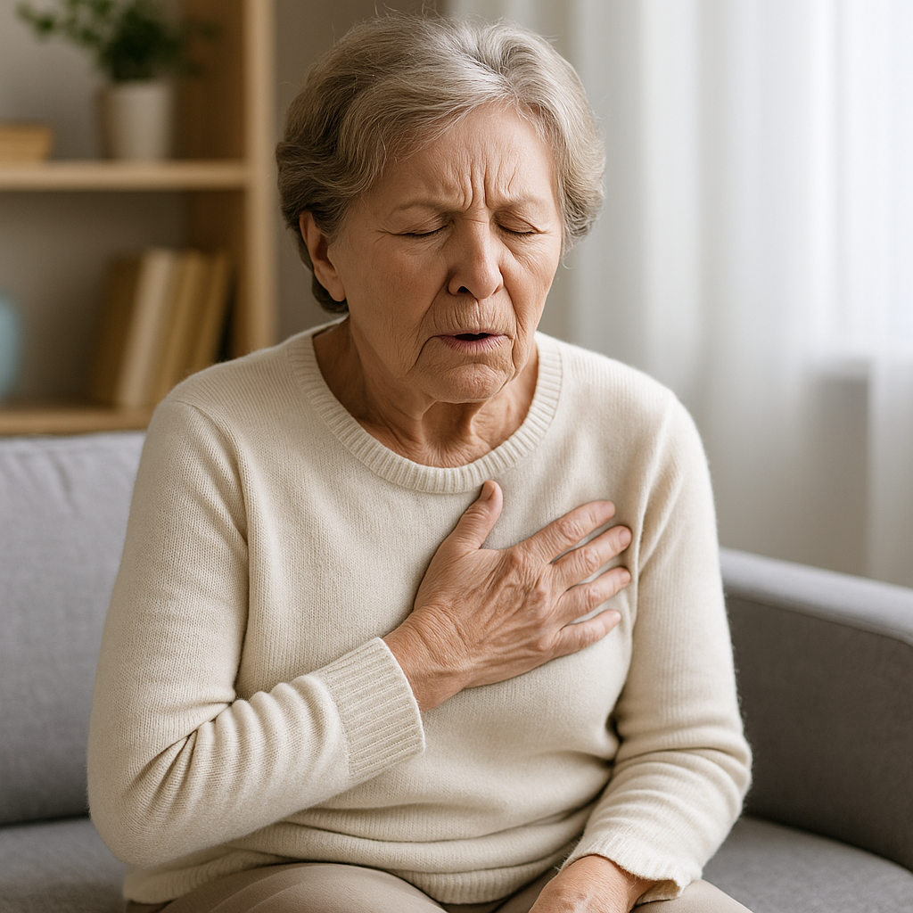 폐렴증상으로 불편한듯 거실 의자에 앉아있는 할머니, 실사형이미지