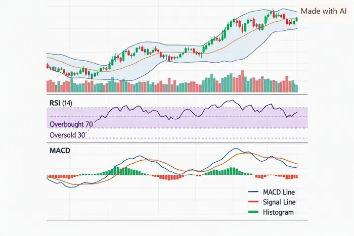 RSI, MACD, 볼린저밴드가 함께 표시된 주식 차트 @AI생성
