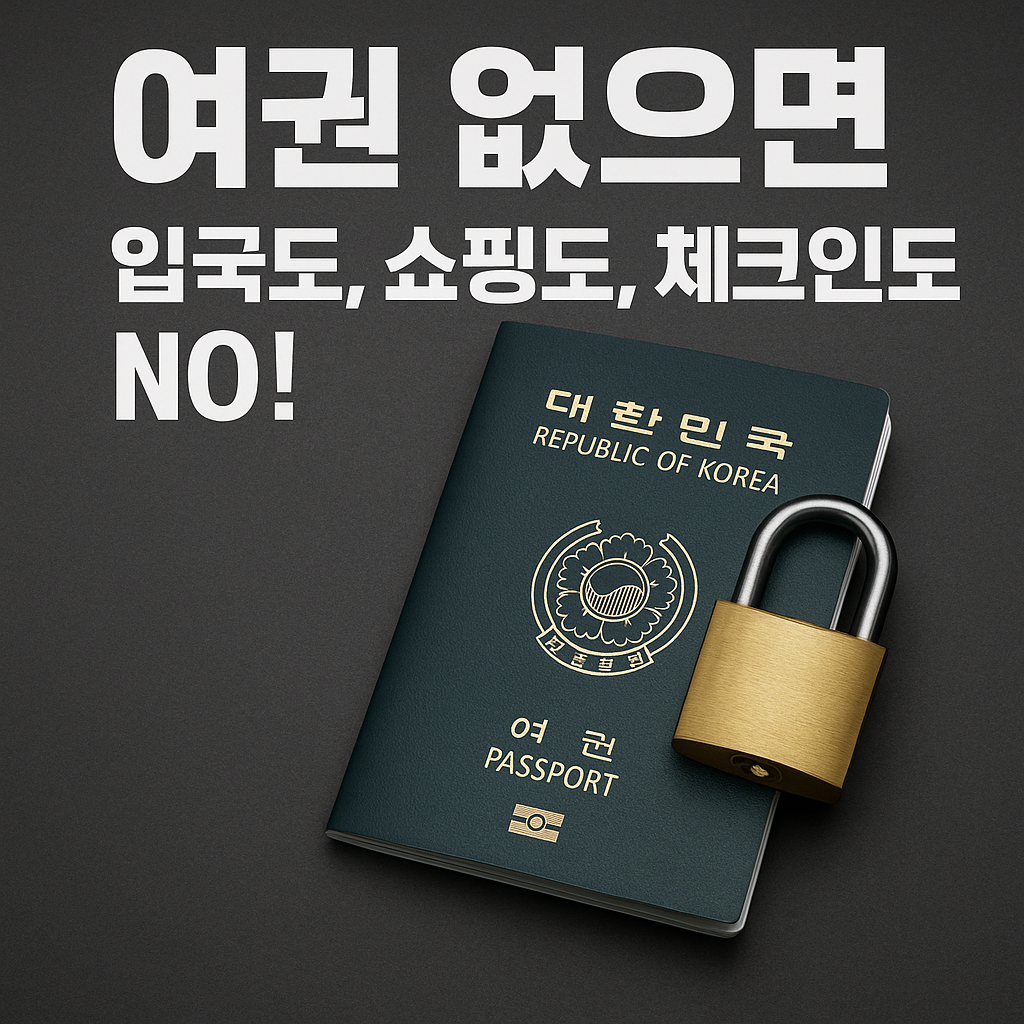 자물쇠로 잠긴 여권 일러스트. 여권 없으면 입국, 쇼핑, 체크인이 불가능하다는 경고 메시지가 함께 있는 썸네일 이미지