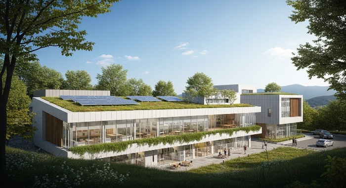 푸른 지붕과 태양광 패널을 갖춘 경기도의 현대적인 친환경 건축물이 자연과 조화롭게 어우러진 모습