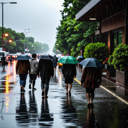 호우주의보가 발령된 도로ㅇ서 사람들이 우산을 들고 걷고 있다