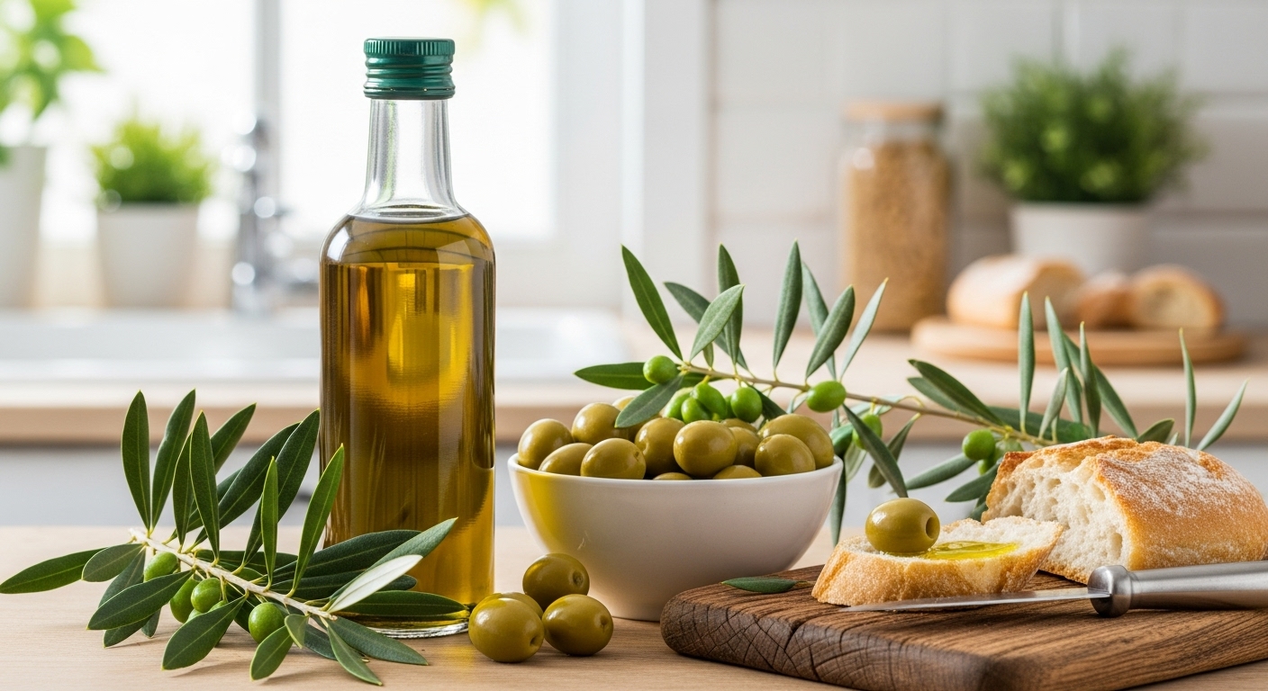 신선한 올리브 열매와 잎사귀, 그리고 황금빛 엑스트라 버진 올리브오일 병이 놓인 건강한 식탁 풍경.
