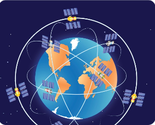 지구 궤도의 GPS위성들이 신호를 보내고 있는 우주 일러스트