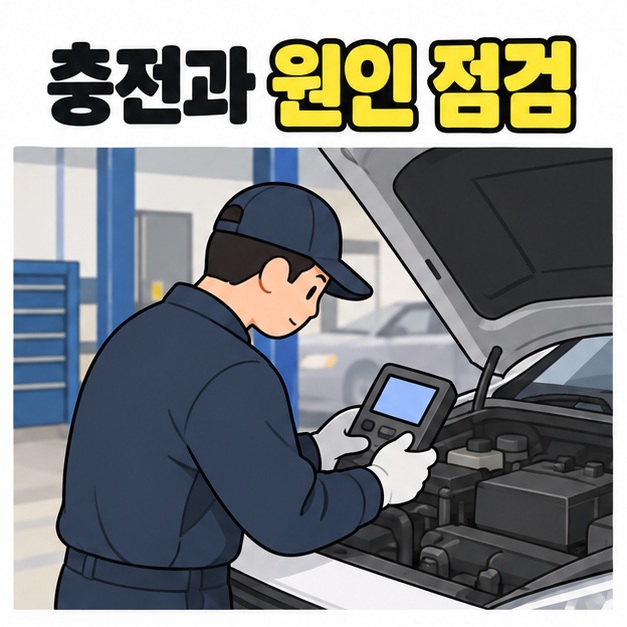 충전과 원인 점검 문구 아래 정비소의 정비사가 휴대용 검사 장비를 들고 열린 후드 안의 배터리를 확인하는 모습
