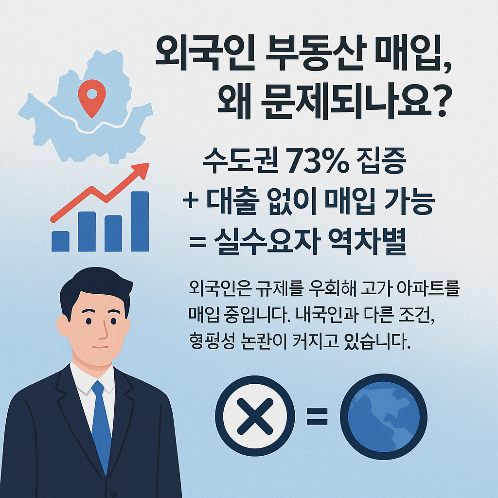 외국인 부동산 집중 현황 요약 카드뉴스, 수도권 매입 비율 및 규제 격차 설명
