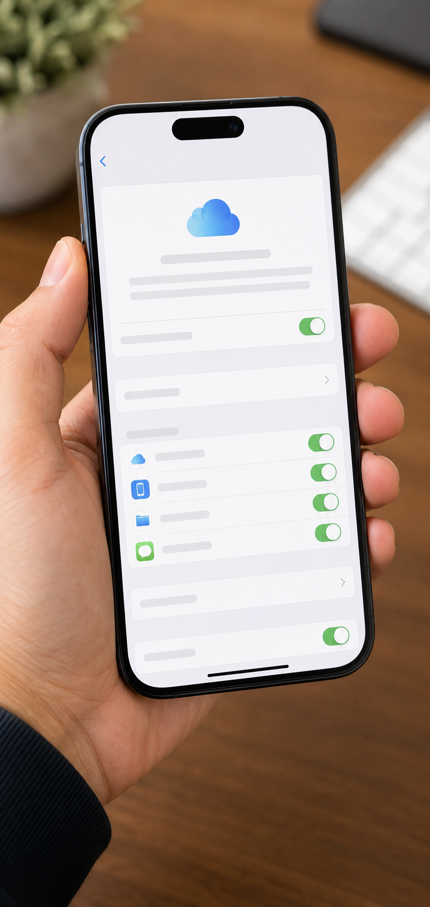 iCloud 백업 설정을 확인하는 아이폰 근접 장면