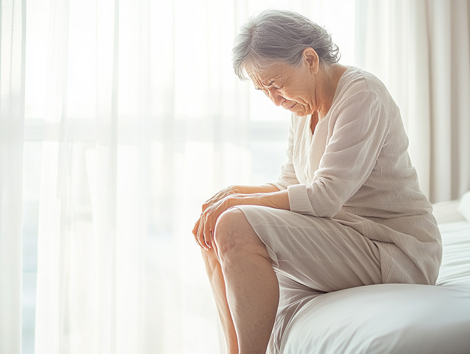이 사진은 한 노년 여성이 침대에 앉아 무릎을 감싸 쥔 채 아파하는 모습을 담고 있습니다.
침대에 걸터앉아 있으며, 상반신을 앞으로 숙이고 양손으로 무릎을 감싸 쥔 채 얼굴을 찡그리고 있습니다.
이 사진은 관절통, 무릎 통증, 노화로 인한 건강 문제를 나타내는 장면으로 해석될 수 있습니다.