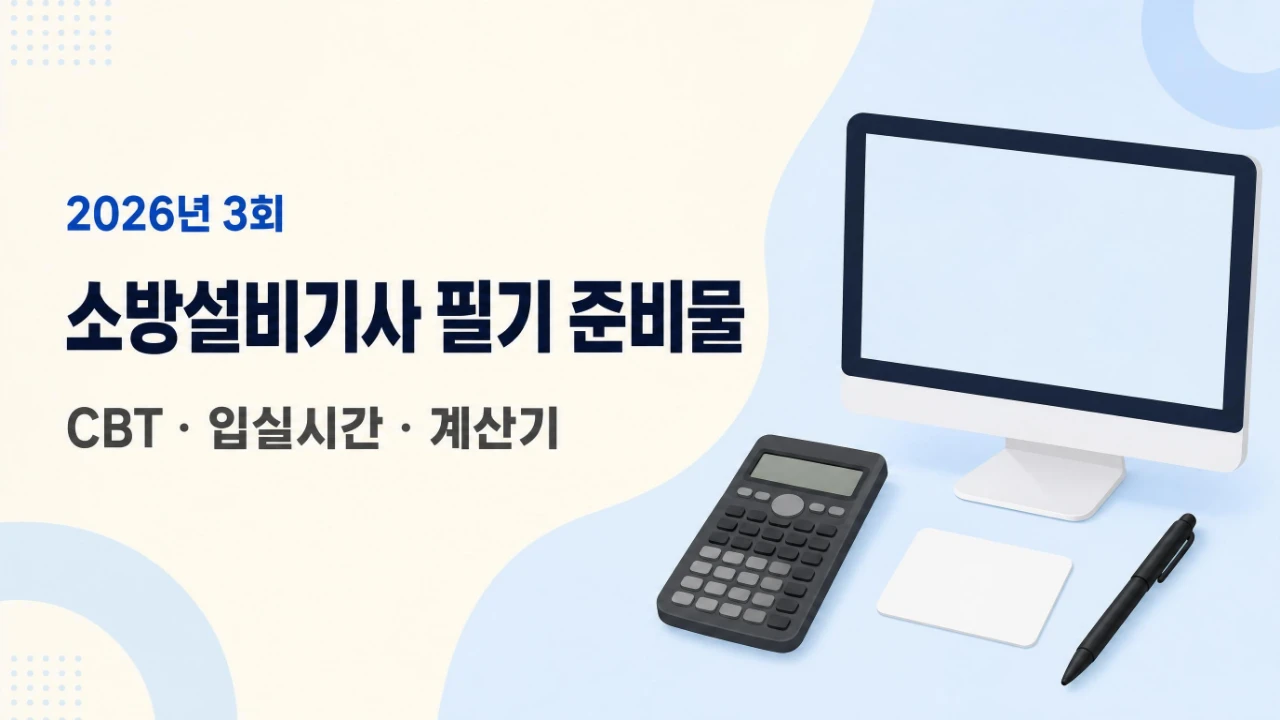 2026년 소방설비기사 3회 필기 준비물과 CBT 입실시간, 계산기 확인 항목을 나타낸 이미지