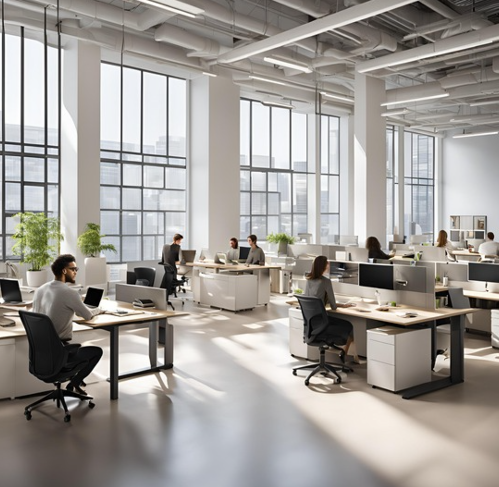 인체공학적으로 설계된 사무실 환경을 보여주는 이미지. 올바른 자세로 일하는 직장인의 모습이 포함되어 있습니다.