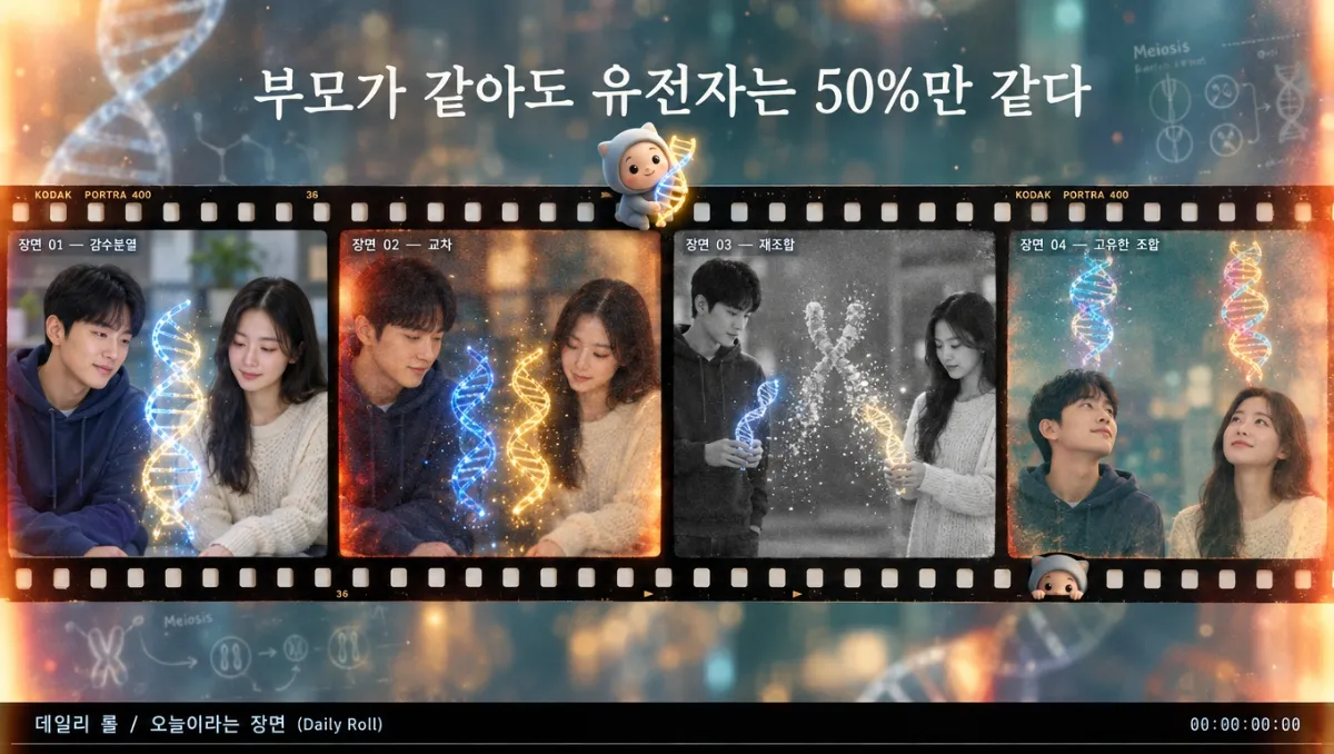 감수분열로 형제가 서로 다른 유전자 조합을 물려받는 과정을 35mm 필름 스트립 4컷으로 표현한 일러스트. 파란색과 금색 DNA 이중나선이 교차하고 재조합되어 서로 다른 두 나선으로 갈라지며, '부모가 같아도 유전자는 50%만 같다' 문구가 담겨 있다.