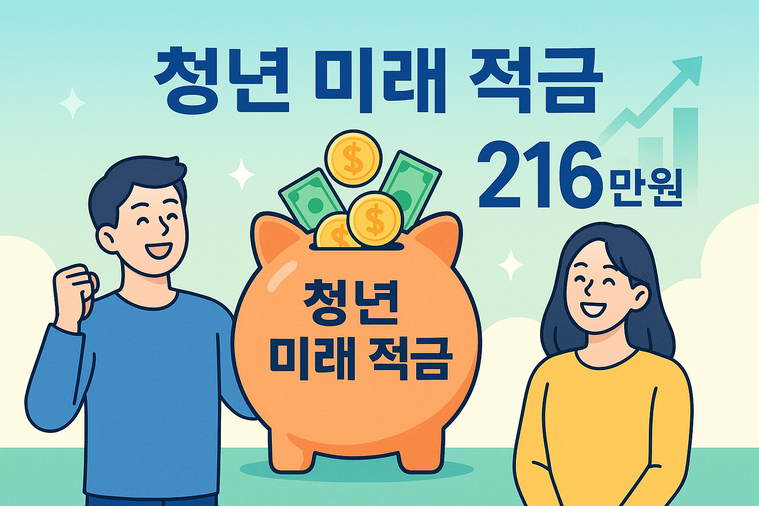 중앙에는 "청년 미래 적금" 문구와 함께 저금통 모양의 아이콘이 크게 배치되어 있고, 그 안에서 동전과 지폐가 쌓여가는 모습
