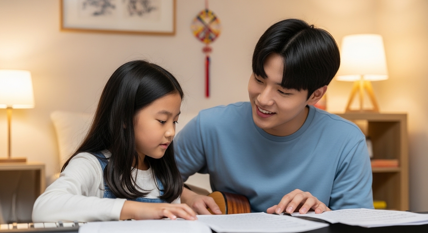 한국 가정집에서 젊은 남성이 초등학생에게 악기(기타 또는 키보드)를 가르치며 즐거운 시간을 보내는 모습. 따뜻하고 아늑한 분위기.