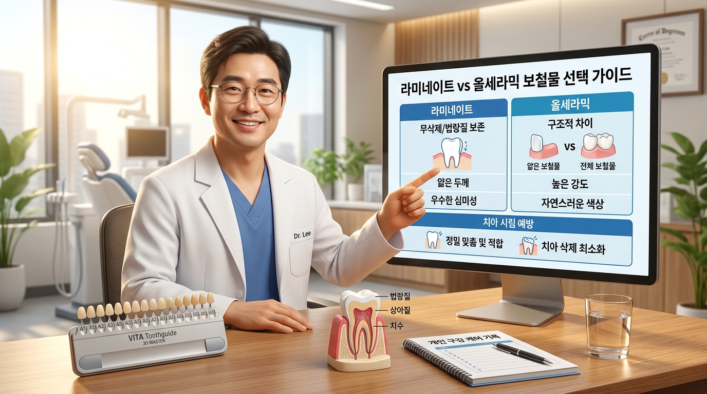 청정하고 세련된 분위기의 대학병원 치과 보철과 진료실에서 보건 의학 전문가 선생님이 대형 인포그래픽 모니터를 가리키며 무분별한 치아 과삭제가 유발하는 표면 에나멜층 붕괴 및 만성 상아세관 지각과민 이 시림 생리학적 메커니즘을 조목조목 설명하고, 라미네이트와 올세라믹 관리 수칙과 치아 손상 없는 심미 보철 치료의 선택 기준에 대한 정답으로 안전한 무삭제&middot;최소삭제 공법 적용 및 올바른 범위별 완충 행동 수칙을 환자에게 다정하게 안내해 주는 현대적이고 깔끔한 3D 렌더링 이미지.