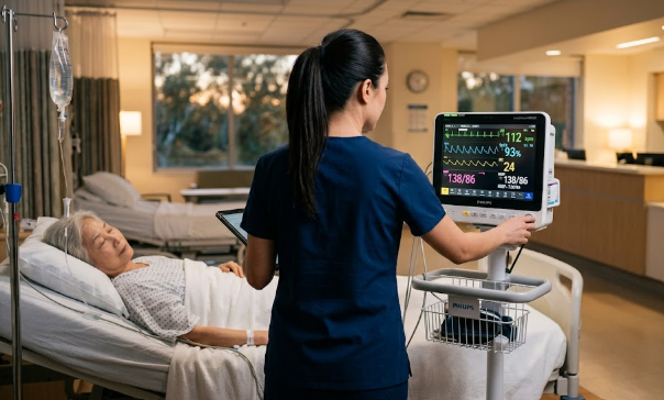 환자감시장치로 심전도 모니터링중인 간호사의 모습