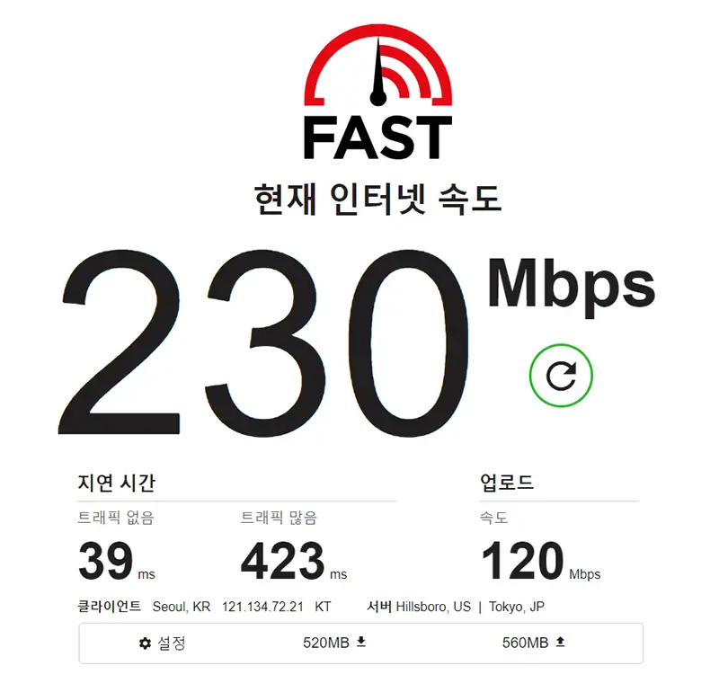 fast.com 인터넷 속도 측정하기