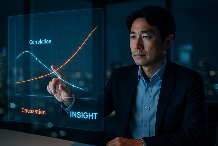 홀로그램 그래프를 해석하며 인사이트를 찾는 장면.