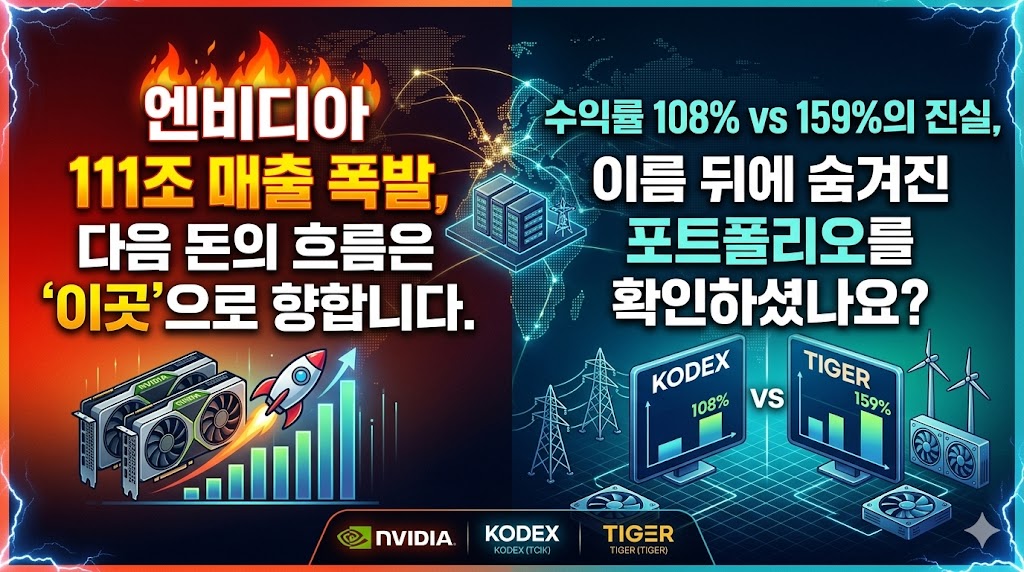 엔비디아 111조 매출 폭발에 따른 다음 투자처로 미국 AI 전력 인프라 ETF(KODEX vs TIGER)를 분석하는 블로그 대표 썸네일 이미지. "엔비디아 111조 매출 폭발, 다음 돈의 흐름은 이곳으로 향합니다."라는 문구와 전력 플러그, 반도체 마이크로칩이 연결된 미래지향적인 금융 투자 테마 디자인.