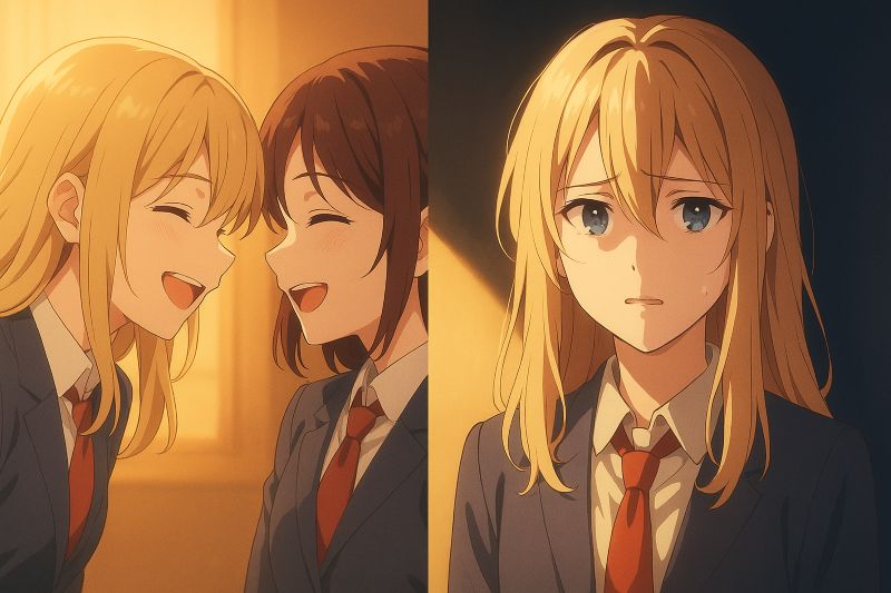 혼란형 인간관계를 상징하는 밝은 빛과 그림자 사이에 서 있는 인물