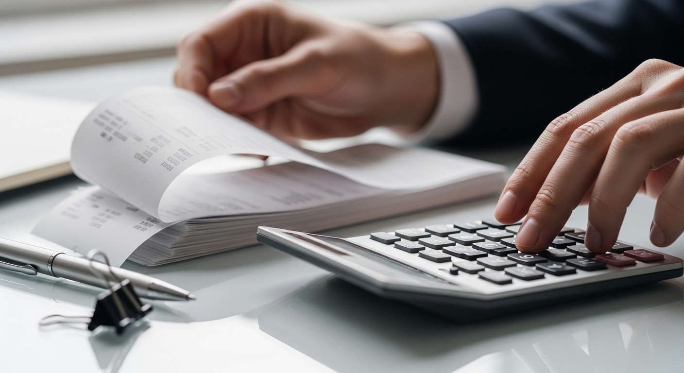 손으로 영수증을 정리하며 계산기를 두드리는 세밀한 클로즈업 장면