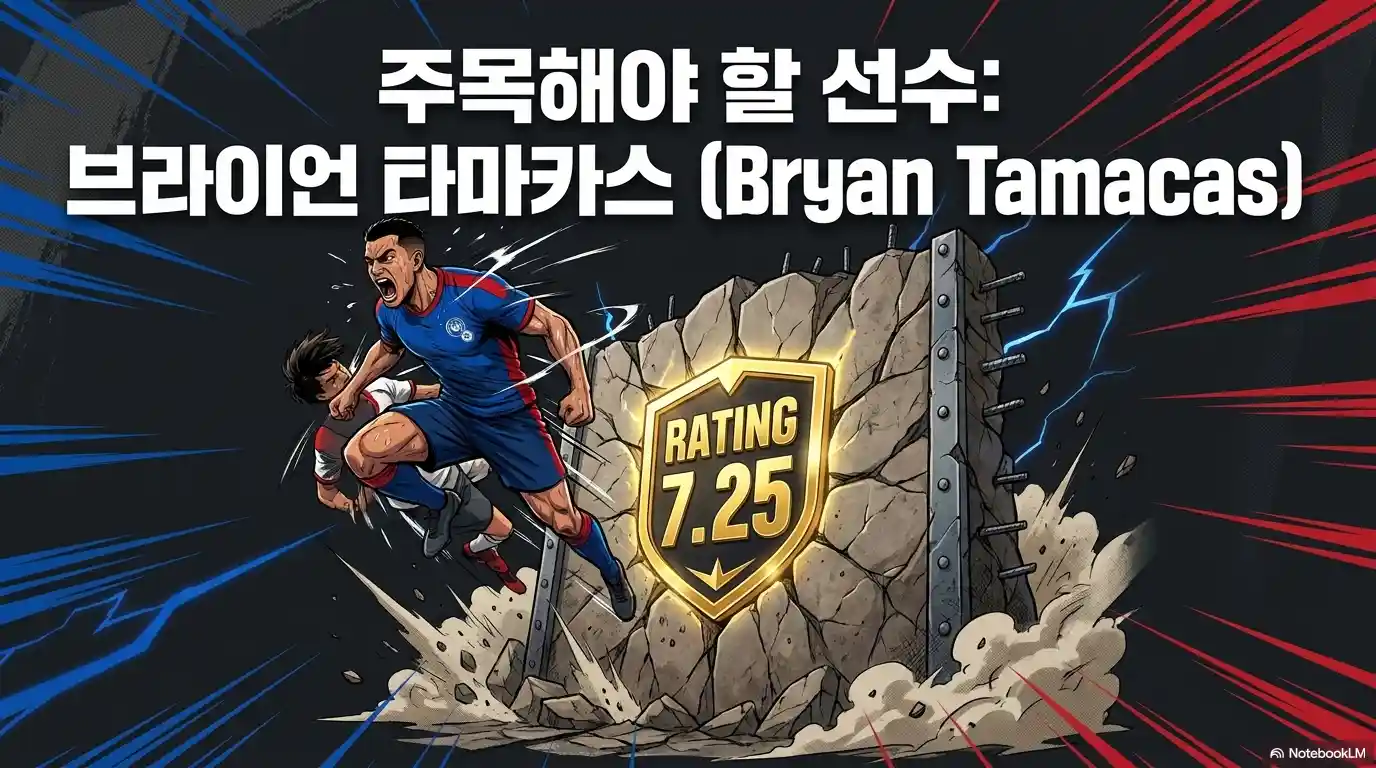 주목해야 할 선수: 브라이언 타마카스(Bryan Tamacas), 평점 7.25점(Rating 7.25)과 함께 돌벽을 부수고 돌파하는 선수의 일러스트