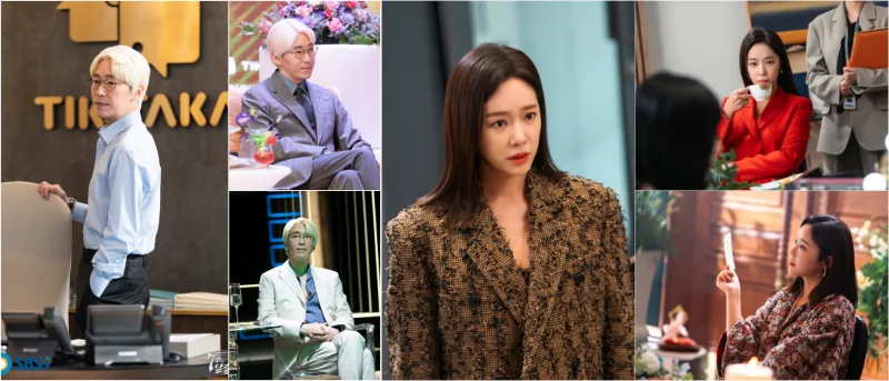 드라마 7인의 탈출에서 양복을 입고 금발에 안경을 쓴 매튜 리와 검은 긴 머리에 화려한 의상을 입고 있는 금라희