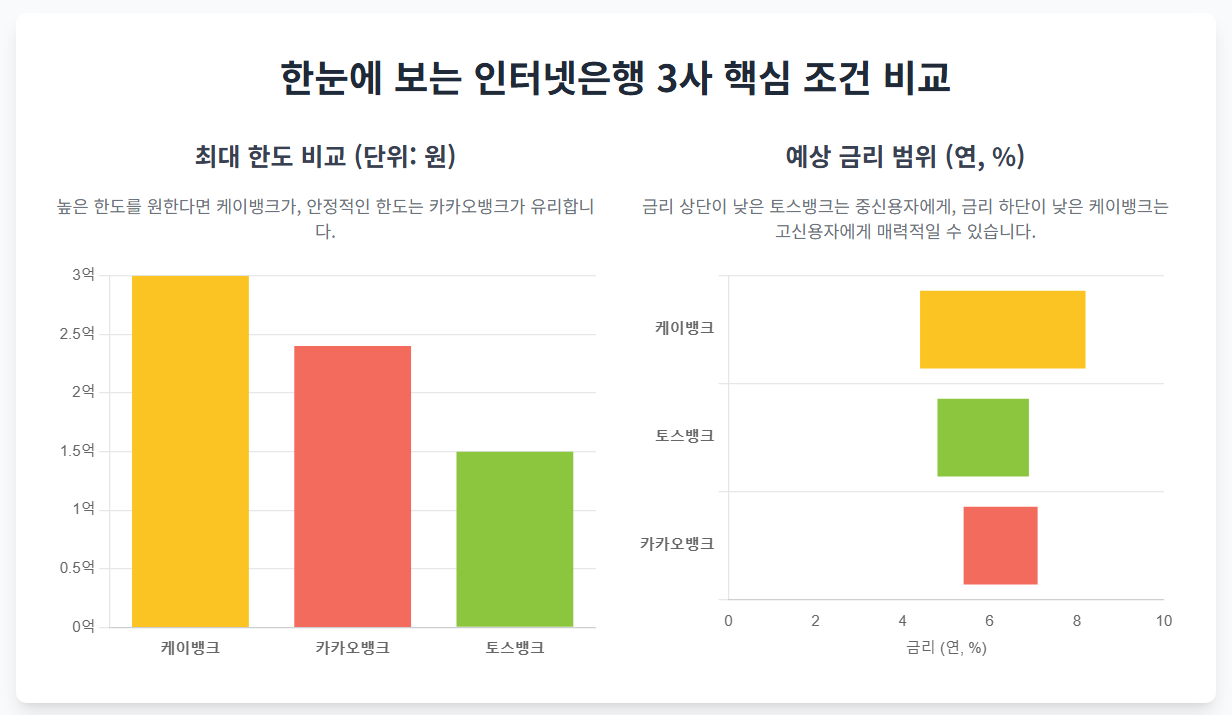 최대 한도 비교 (단위: 원)
높은 한도를 원한다면 케이뱅크가, 안정적인 한도는 카카오뱅크가 유리합니다.
예상 금리 범위 (연, %)
금리 상단이 낮은 토스뱅크는 중신용자에게, 금리 하단이 낮은 케이뱅크는 고신용자에게 매력적일 수 있습니다.