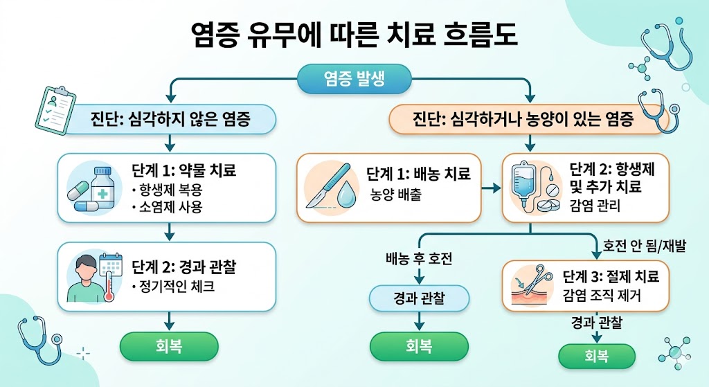 피지낭종의 염증 상태에 따른 치료 단계와 병원 처치 과정을 설명하는 이미지